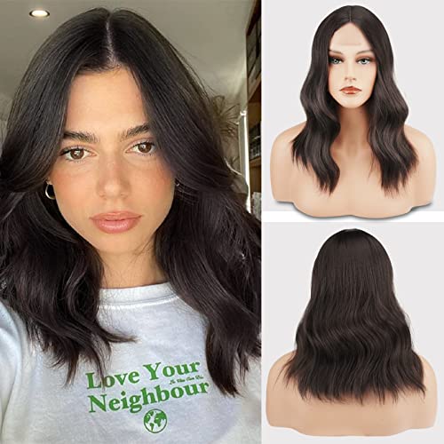 FESHFEN Soft and Smooth 16 Inch Dark Brown Wavy Lace Front Synthetic Wigs Middle Parting Medium Shoulder Length Bob Wig Ideal for Women Wedding and Other Function - Image 1
