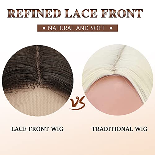 FESHFEN Soft and Smooth 16 Inch Dark Brown Wavy Lace Front Synthetic Wigs Middle Parting Medium Shoulder Length Bob Wig Ideal for Women Wedding and Other Function - Image 4