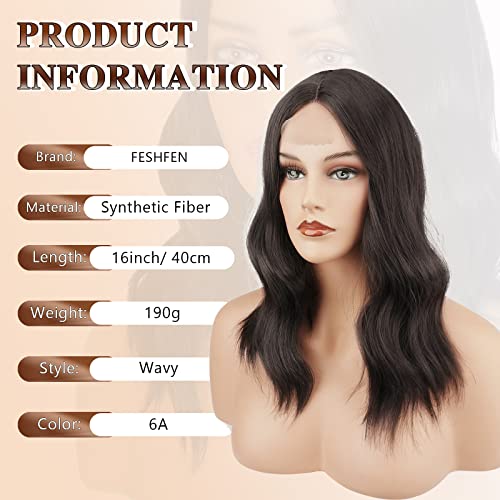 FESHFEN Soft and Smooth 16 Inch Dark Brown Wavy Lace Front Synthetic Wigs Middle Parting Medium Shoulder Length Bob Wig Ideal for Women Wedding and Other Function - Image 3
