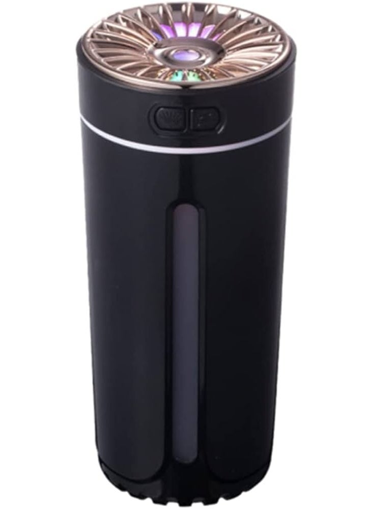 جهاز ترطيب هواء محمول يعمل بمنفذ USB، مزود ببطارية 800 مللي أمبير، ينشر رذاذًا باردًا من الزيوت العطرية. جهاز ترطيب هواء صغير للسيارة، يعمل بتقنية الموجات فوق الصوتية، وينشر رذاذًا كثيفًا، مزود بإضاءة ليلية LED ملونة (أسود). - Image 1