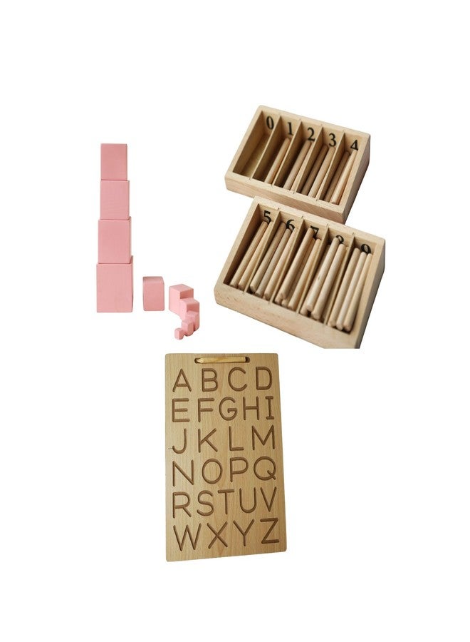 SOULILLY Montessori Pink Tower for Toddlers (2+ Years) Wooden Spindle Box with Numbers (3+ Years) Alphabet Tracing Board A–Z (English, Dual-Sided) – Ages 3+ - Image 1
