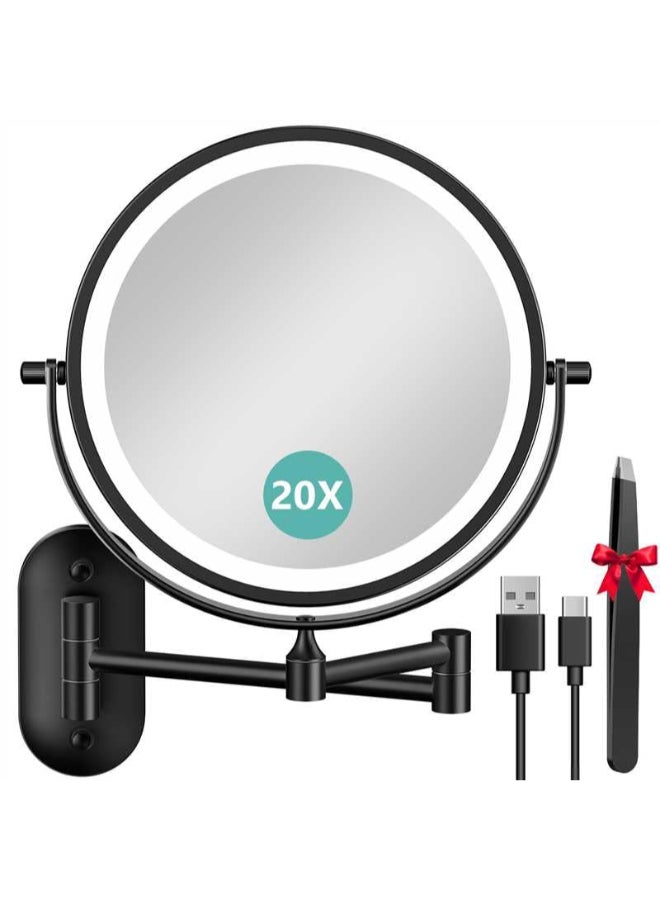 Auxmir 8 Wall Mounted Lighted Makeup Mirror 3200mAh Rechargeable DoubleSided 1X20X Magnifying Mirror with Light Touch Dimmable 3 Color Light 360 Rotation Foldable Extended Arm Black - Image 1