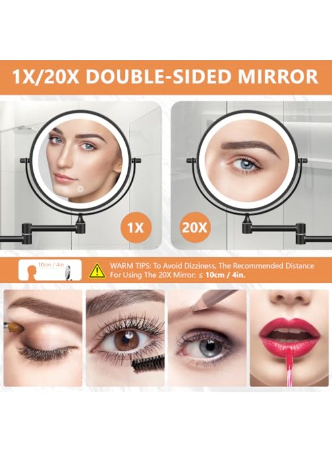 Auxmir 8 Wall Mounted Lighted Makeup Mirror 3200mAh Rechargeable DoubleSided 1X20X Magnifying Mirror with Light Touch Dimmable 3 Color Light 360 Rotation Foldable Extended Arm Black - Image 2