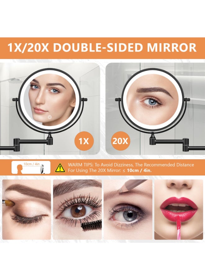 Auxmir 8 Wall Mounted Lighted Makeup Mirror 3200mAh Rechargeable DoubleSided 1X20X Magnifying Mirror with Light Touch Dimmable 3 Color Light 360 Rotation Foldable Extended Arm Black - Image 3