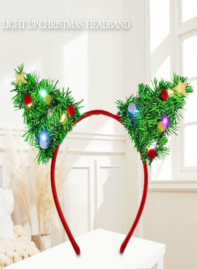 فديزاينر طوق رأس مضيء لعيد الميلاد من Fdesigner، طوق رأس أخضر مزين بتطريزات على شكل آذان قطة، طوق رأس بنجوم LED، طوق رأس مضيء للعطلات، إكسسوارات شعر مزينة بكرات بوم بوم لطيفة - Image 2