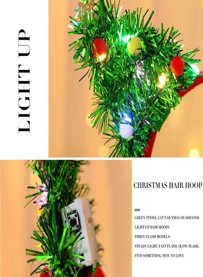 فديزاينر طوق رأس مضيء لعيد الميلاد من Fdesigner، طوق رأس أخضر مزين بتطريزات على شكل آذان قطة، طوق رأس بنجوم LED، طوق رأس مضيء للعطلات، إكسسوارات شعر مزينة بكرات بوم بوم لطيفة - Image 4