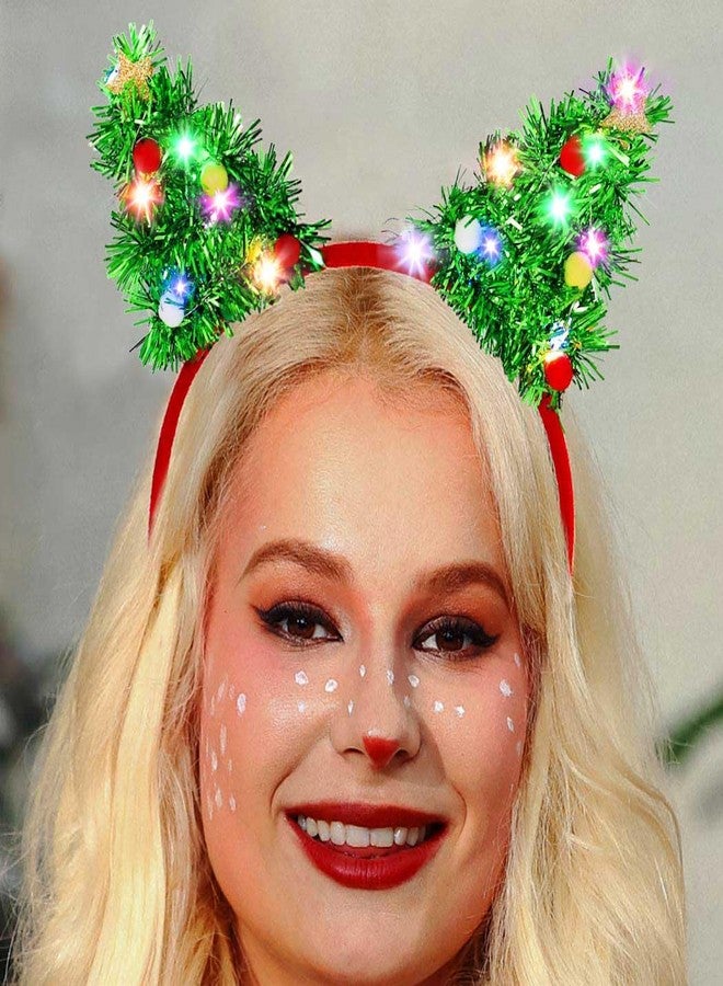 فديزاينر طوق رأس مضيء لعيد الميلاد من Fdesigner، طوق رأس أخضر مزين بتطريزات على شكل آذان قطة، طوق رأس بنجوم LED، طوق رأس مضيء للعطلات، إكسسوارات شعر مزينة بكرات بوم بوم لطيفة - Image 1