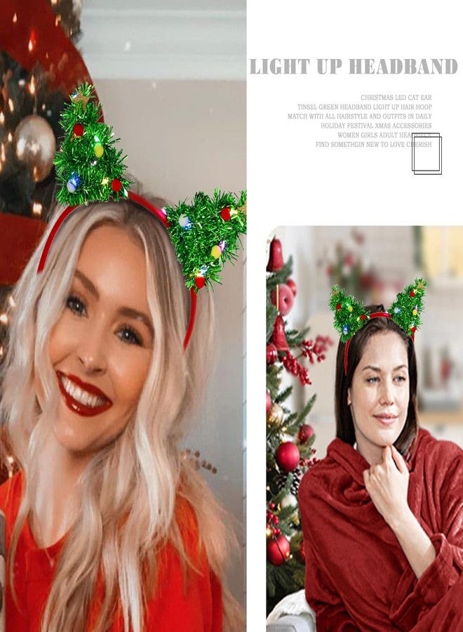 فديزاينر طوق رأس مضيء لعيد الميلاد من Fdesigner، طوق رأس أخضر مزين بتطريزات على شكل آذان قطة، طوق رأس بنجوم LED، طوق رأس مضيء للعطلات، إكسسوارات شعر مزينة بكرات بوم بوم لطيفة - Image 5