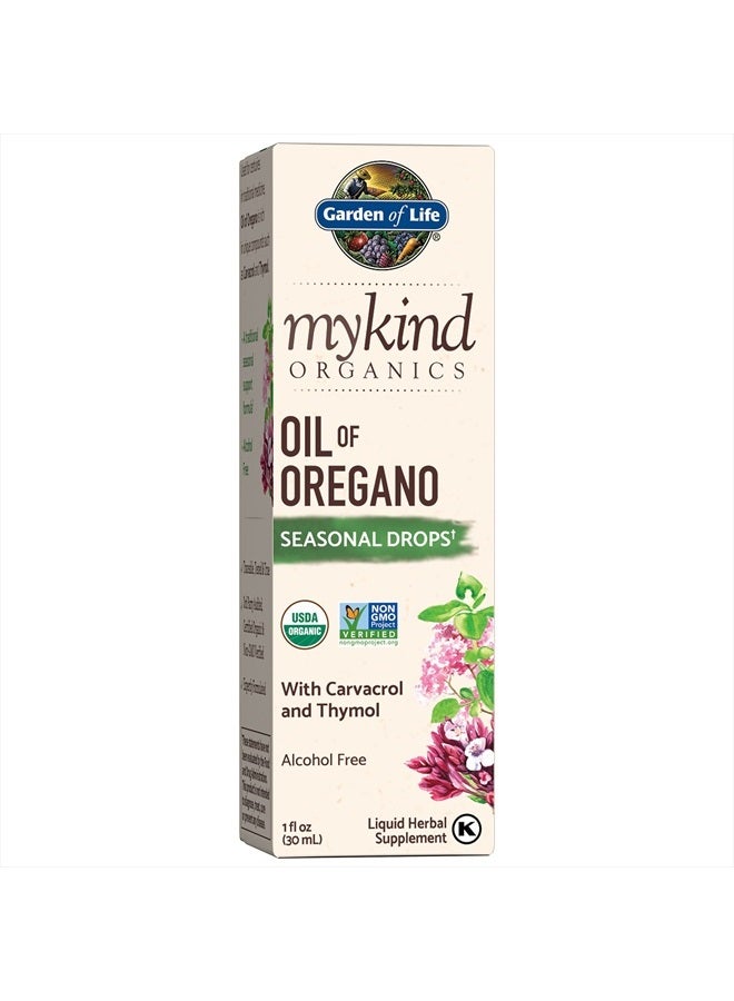 Garden of Life قطرات زيت الأوريجانو من mykind Organics، زيت الأوريجانو المركز السائل - 200 حصة، دعم مناعي موسمي نباتي - خالي من الكحول، عضوي، نباتي، مكملات عشبية خالية من الغلوتين - Image 1