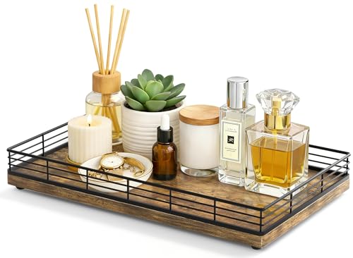 Focusonit Large Bathroom Vanity Tray – 13" x 8" Decorative Wooden Tray for Bathroom Countertop & Vanity Organizer, Wood Tray for Perfume, Skincare Accessories Storage, Vanity Dresser Decor Black & Rustic Brown - Image 1