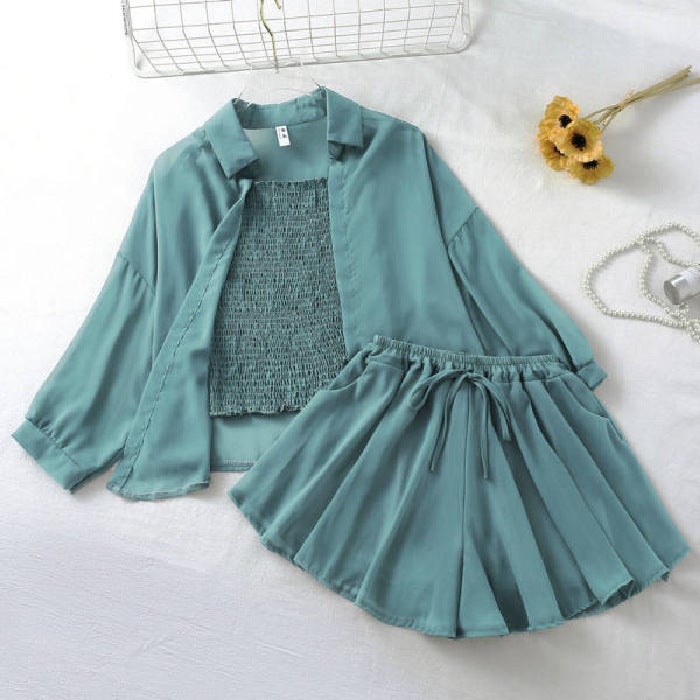 2024 Summer Chic Chiffon Shirt Set for Women Haze Blue [a set]] 