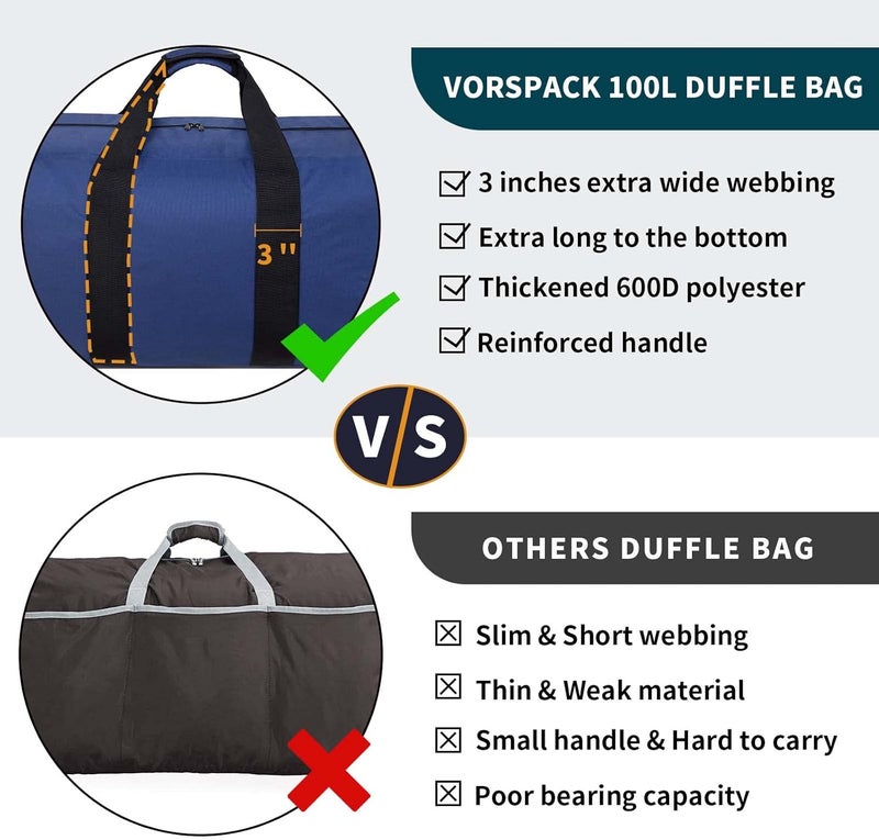 Vorspack Extra Large Duffle Bag for Travel - 100L Duffel Bag for Men Gear Bag for Storage Foldable Weekender Bag for Overnight Camping - Black - Image 2