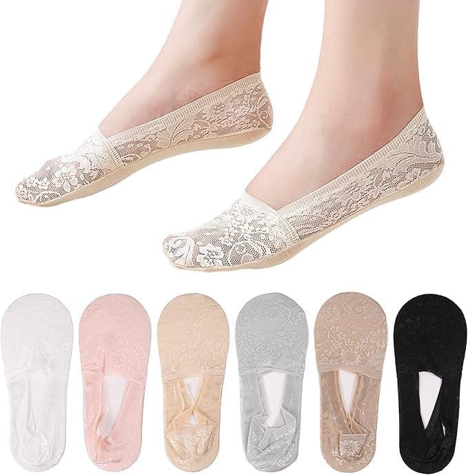THE DDS STORE Women No Show Lace Socks Cotton Non-slip Breathable Ankle Socks Invisible Ultra Low Cut Liner Socks with Silicone Strips for Loafers Sneakers and High-heel Shoes (IN, Alpha, Free Size, 3, Multi Color) - Image 1