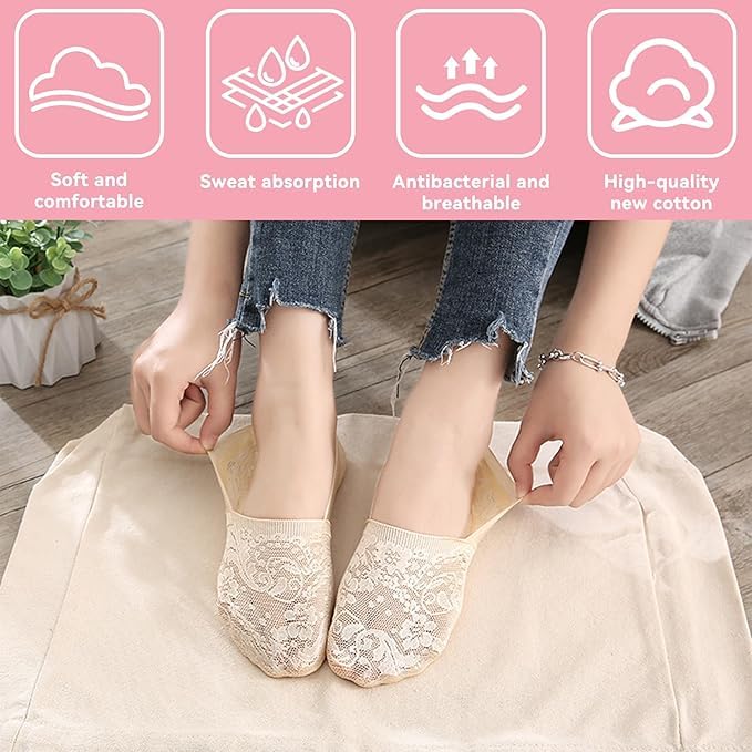 THE DDS STORE Women No Show Lace Socks Cotton Non-slip Breathable Ankle Socks Invisible Ultra Low Cut Liner Socks with Silicone Strips for Loafers Sneakers and High-heel Shoes (IN, Alpha, Free Size, 3, Multi Color) - Image 3