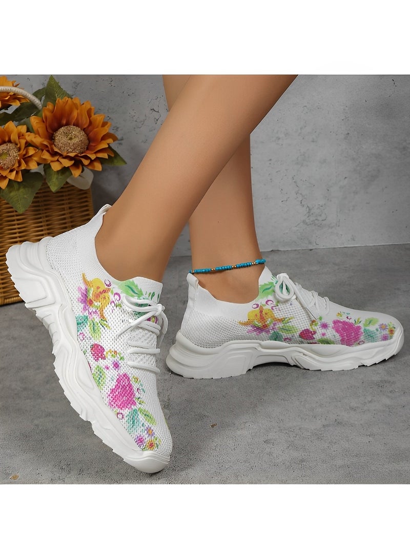 ريوكل حذاء رياضي نسائي بطبعة زهور شبكي قابل للتنفس حذاء رياضي تقويمي للعظام برباط حذاء تنس خفيف الوزن كاجوال للجري والمشي - Image 4