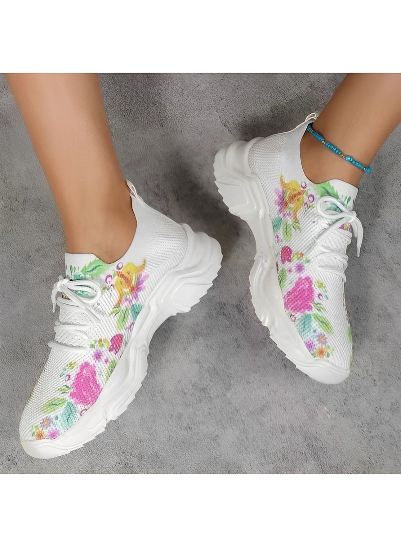 ريوكل حذاء رياضي نسائي بطبعة زهور شبكي قابل للتنفس حذاء رياضي تقويمي للعظام برباط حذاء تنس خفيف الوزن كاجوال للجري والمشي - Image 5