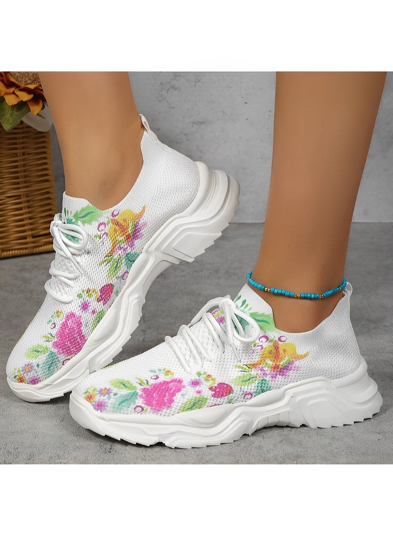 ريوكل حذاء رياضي نسائي بطبعة زهور شبكي قابل للتنفس حذاء رياضي تقويمي للعظام برباط حذاء تنس خفيف الوزن كاجوال للجري والمشي - Image 1