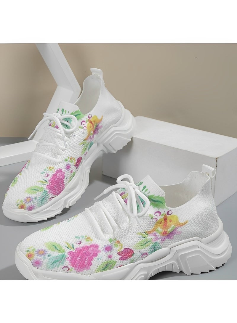 ريوكل حذاء رياضي نسائي بطبعة زهور شبكي قابل للتنفس حذاء رياضي تقويمي للعظام برباط حذاء تنس خفيف الوزن كاجوال للجري والمشي - Image 3