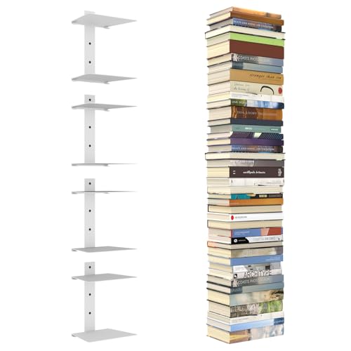 Mefirt Invisible Floating Bookshelves for Wall 8 Tier Vertical Spine Book Tower Heavy Duty Floating Book Shelves Metal Book Organizers for Home Office 4 PackWhite - Image 1