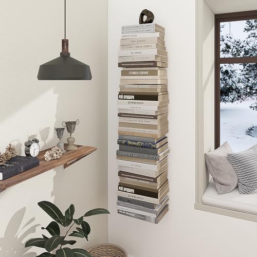 Mefirt Invisible Floating Bookshelves for Wall 8 Tier Vertical Spine Book Tower Heavy Duty Floating Book Shelves Metal Book Organizers for Home Office 4 PackWhite - Image 3