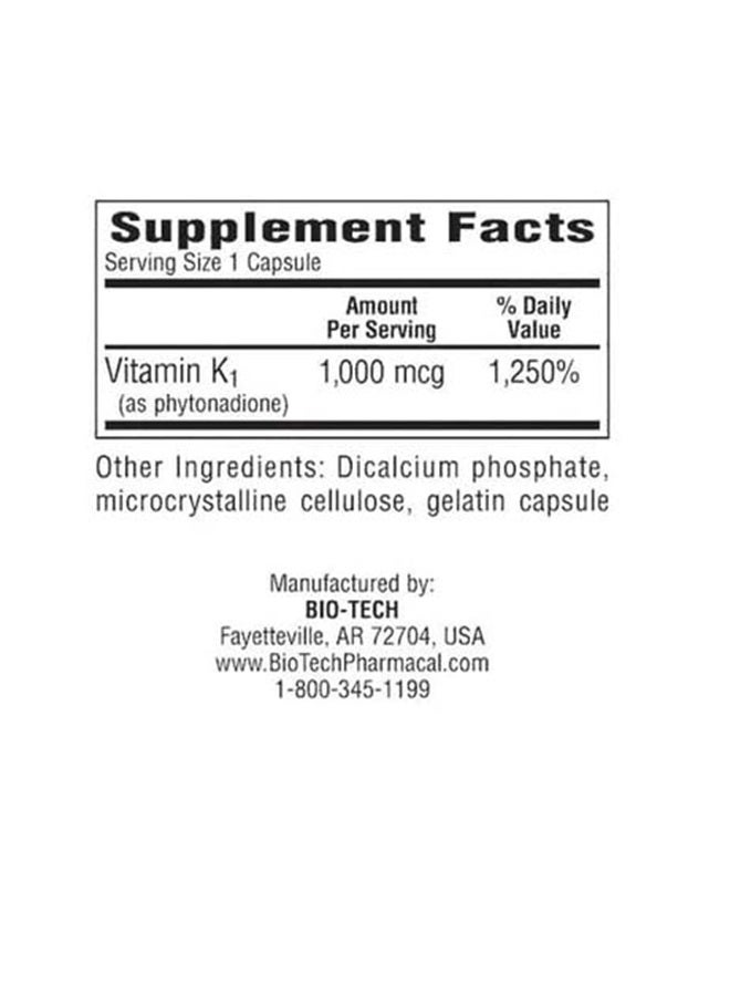 Bio-Tech Pharmacal K1-1000 (Vitamin K1) 100 Capsules - 3 Pack - Bio-Tech Pharmacal - Image 2