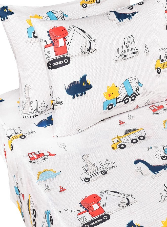 J-pinno J pinno Dinosaur Construction Work Digger Cars Vehicle Cute Cozy Fun Full Sheet Set for Kids Girls Children 100% Cotton Flat Sheet + Fitted Sheet + Pillowcase Bedding Set (Dinosaur, Full) - Image 2