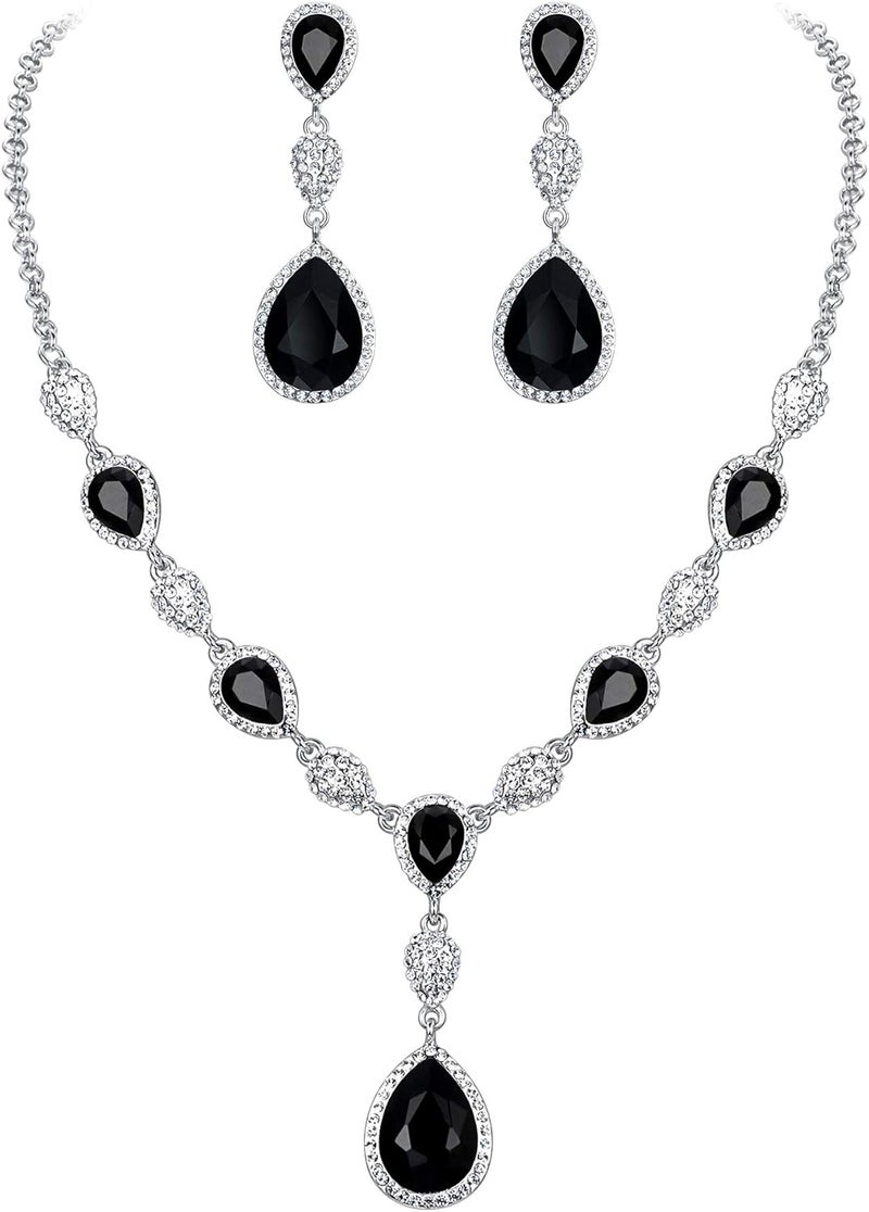 EleQueen Women's Cubic Zirconia Teardrop Y-Necklaces Dangle Earrings Jewelry Sets for Brides Bridesmaids - Image 1
