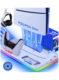 XiuWoo PS5 Stand with Cooling Station and Controller Charging Station for PS5 Disc Digital Console PS5 Accessories with Controller Charger RGB Light Headset Holder for PlayStation 5 White  - Image 1