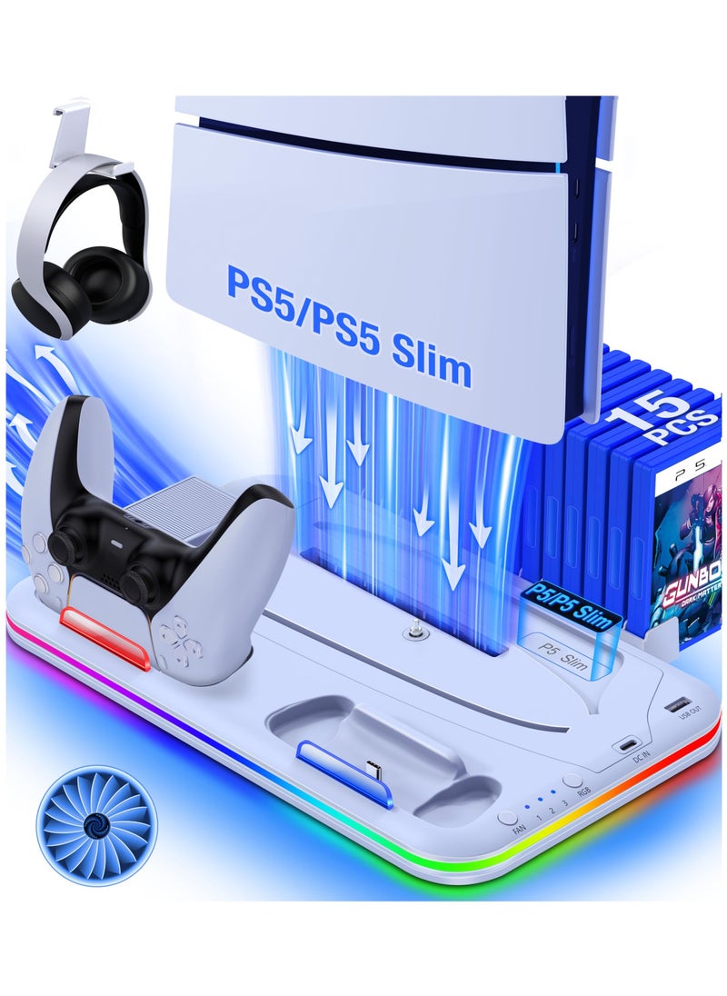 XiuWoo PS5 Stand with Cooling Station and Controller Charging Station for PS5 Disc Digital Console PS5 Accessories with Controller Charger RGB Light Headset Holder for PlayStation 5 White  - Image 1
