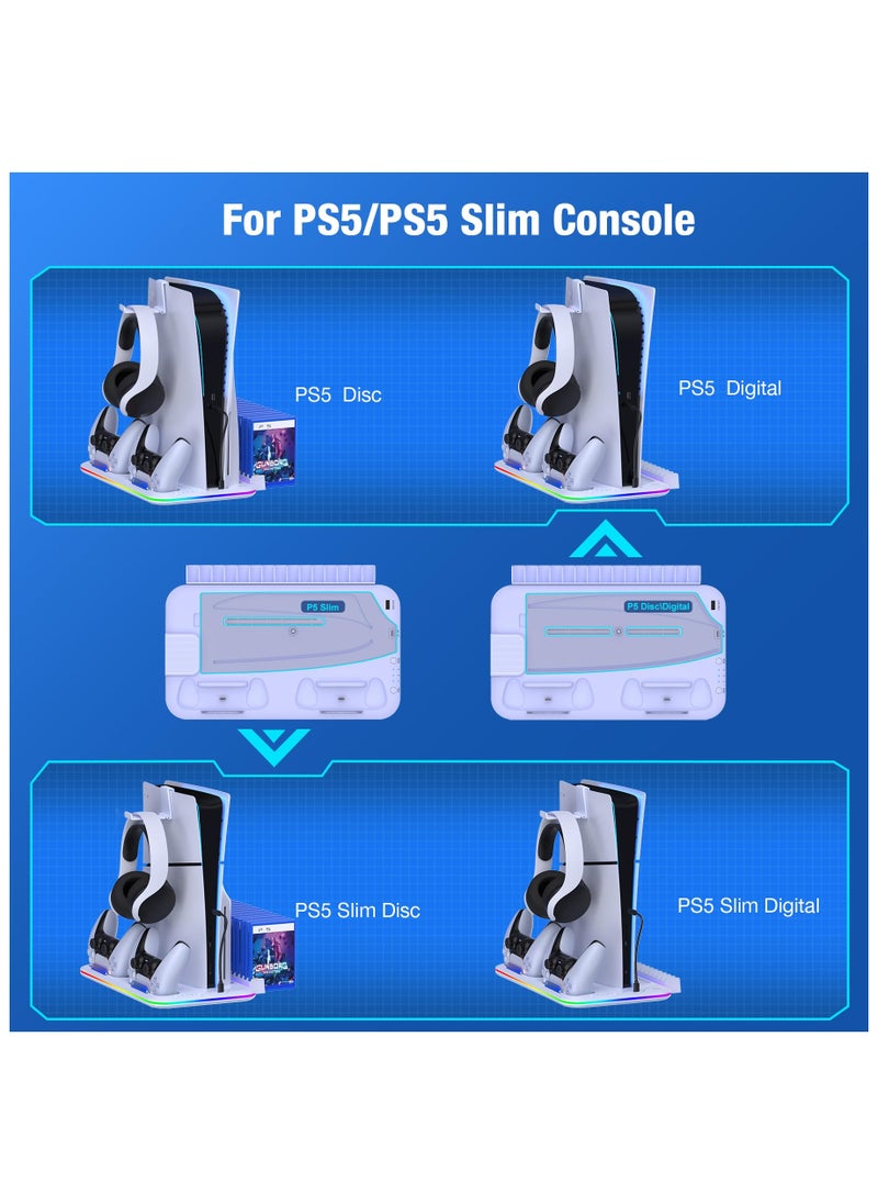 XiuWoo PS5 Stand with Cooling Station and Controller Charging Station for PS5 Disc Digital Console PS5 Accessories with Controller Charger RGB Light Headset Holder for PlayStation 5 White  - Image 3