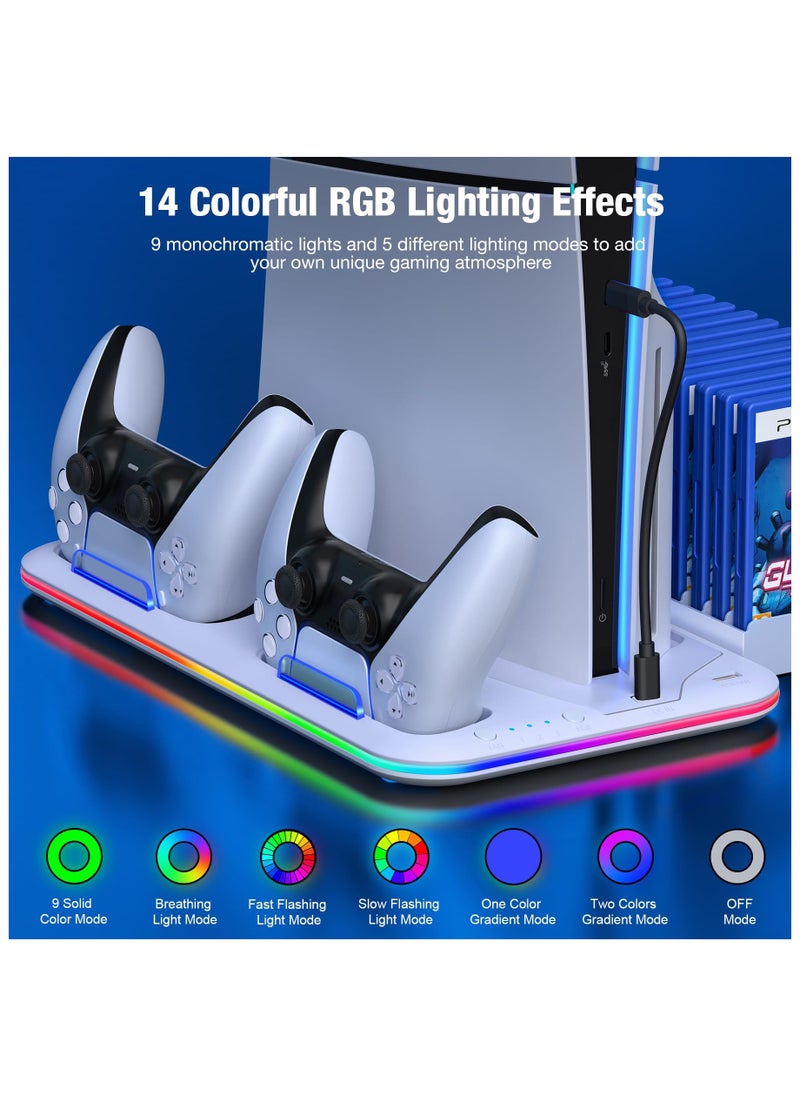 XiuWoo PS5 Stand with Cooling Station and Controller Charging Station for PS5 Disc Digital Console PS5 Accessories with Controller Charger RGB Light Headset Holder for PlayStation 5 White  - Image 4