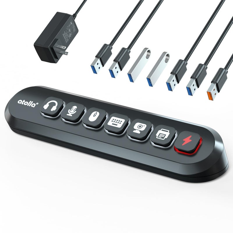 atolla Powered USB Hub, atolla 7-Port USB 3.0 hub (6 Superspeed Transfer Ports+ 1 Fast Charging Port) with Swappable Illuminated Icon Switch and 12V/3A Power Adapter for Windows, MacOS, ChromeOS, Linux - Image 1