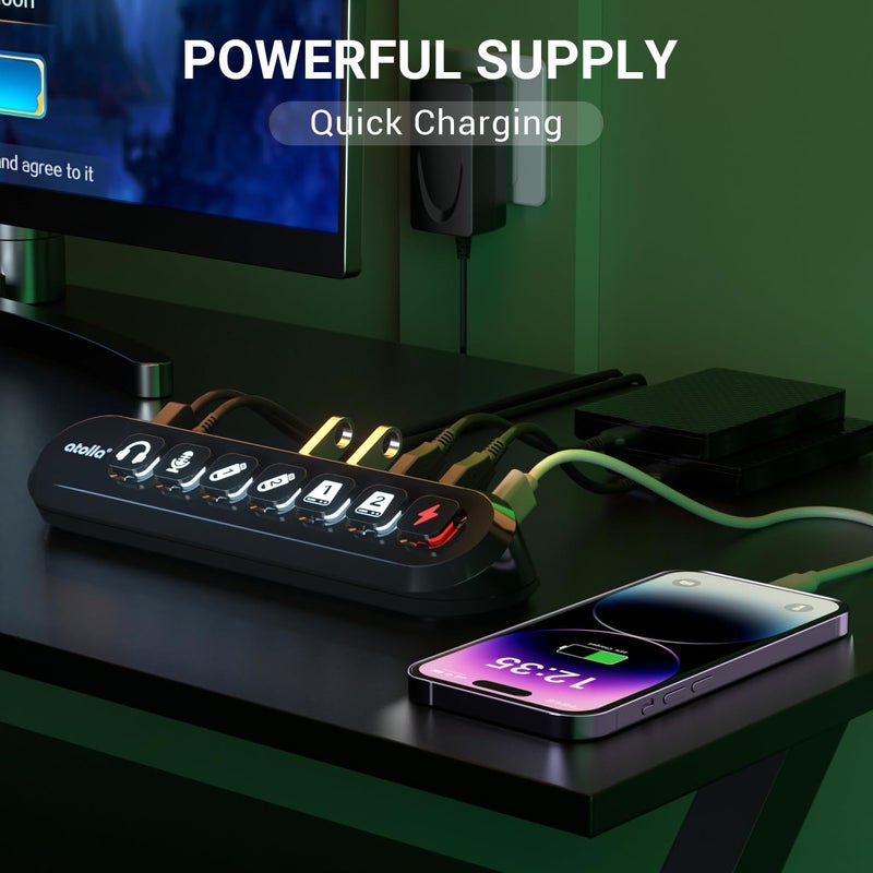 atolla Powered USB Hub, atolla 7-Port USB 3.0 hub (6 Superspeed Transfer Ports+ 1 Fast Charging Port) with Swappable Illuminated Icon Switch and 12V/3A Power Adapter for Windows, MacOS, ChromeOS, Linux - Image 5