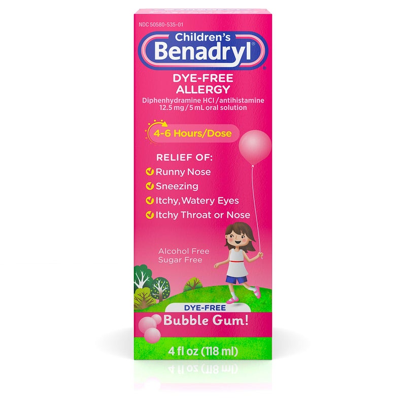 Benadryl بنادريل للأطفال، مضاد الهيستامين، سائل خالي من الأصباغ، بنكهة العلكة، 4 أونصات - Image 1