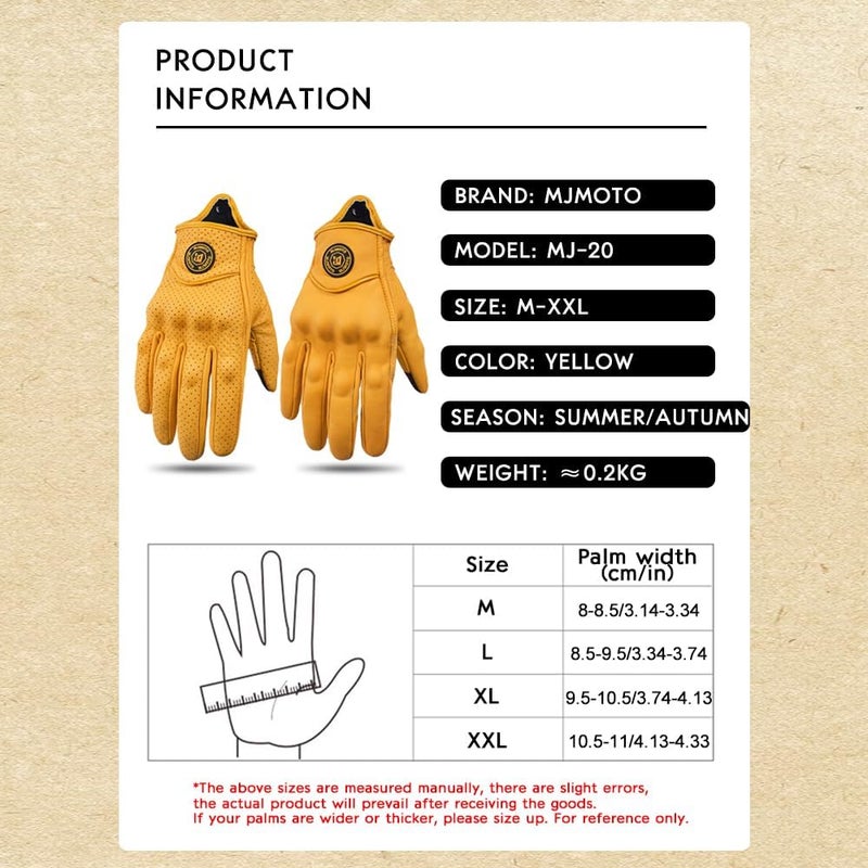 mjmoto Yellow Classic Goat Leather Motorcycle Gloves for Summer Cycling and Riding - Image 5