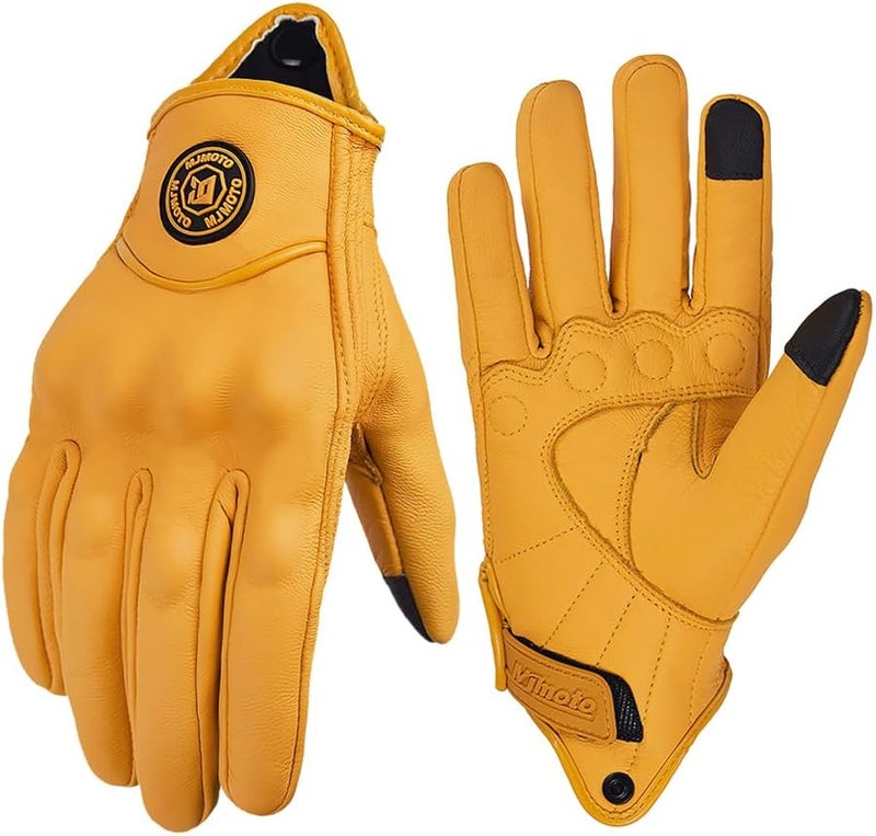 mjmoto Yellow Classic Goat Leather Motorcycle Gloves for Summer Cycling and Riding - Image 1