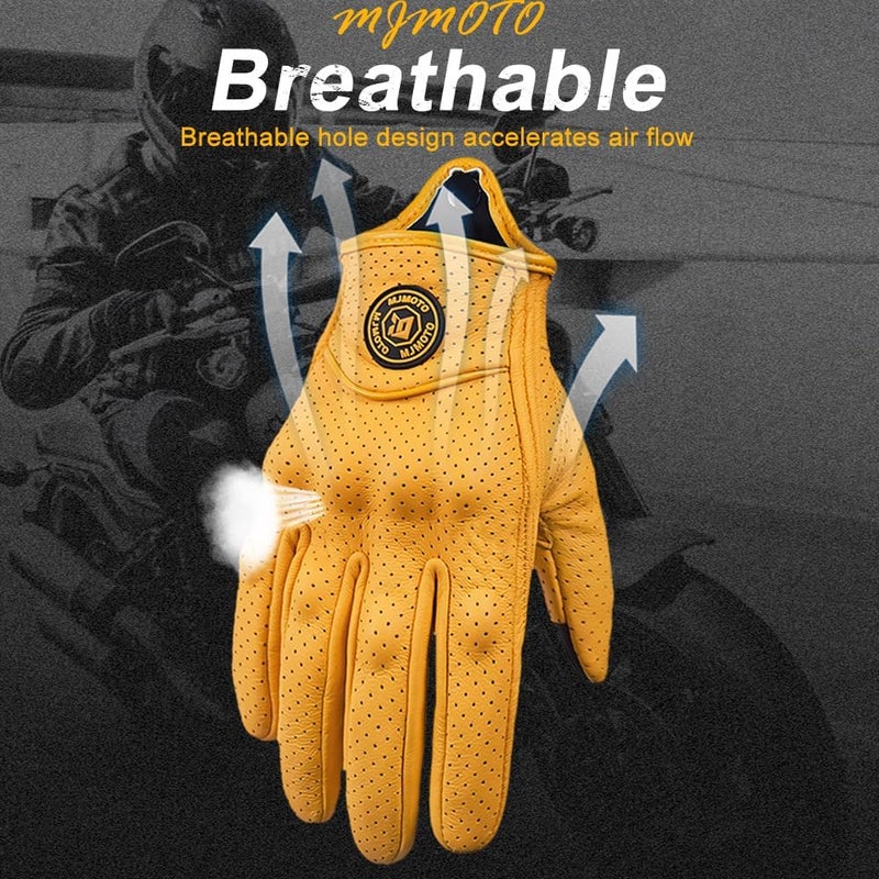 mjmoto Yellow Classic Goat Leather Motorcycle Gloves for Summer Cycling and Riding - Image 2