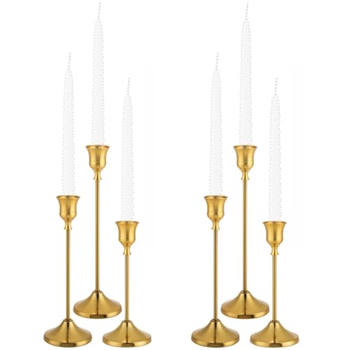 Tunyet Candlestick Holders, 6PCS Metal Taper Candle Holder, Brass Gold Candle Holders for Candlesticks, Candle Holder for Wedding Fireplace Mantel Housewarming Gift - Image 1