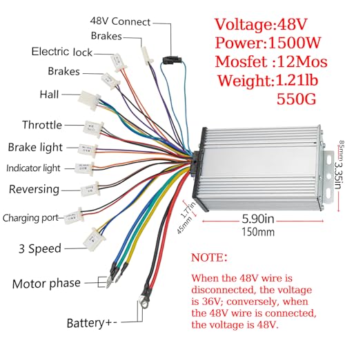 Chokayaky 48V Motor Kit 1000W Electric Brushless DC Motor Kit 3500RPM Go Kart Electric Motor 5.1N.M Electric Dirt Bike Motor No Bracket BLDC Motor for Electric Scooter Ebike Controller Ebike Throttle with Key - Image 5
