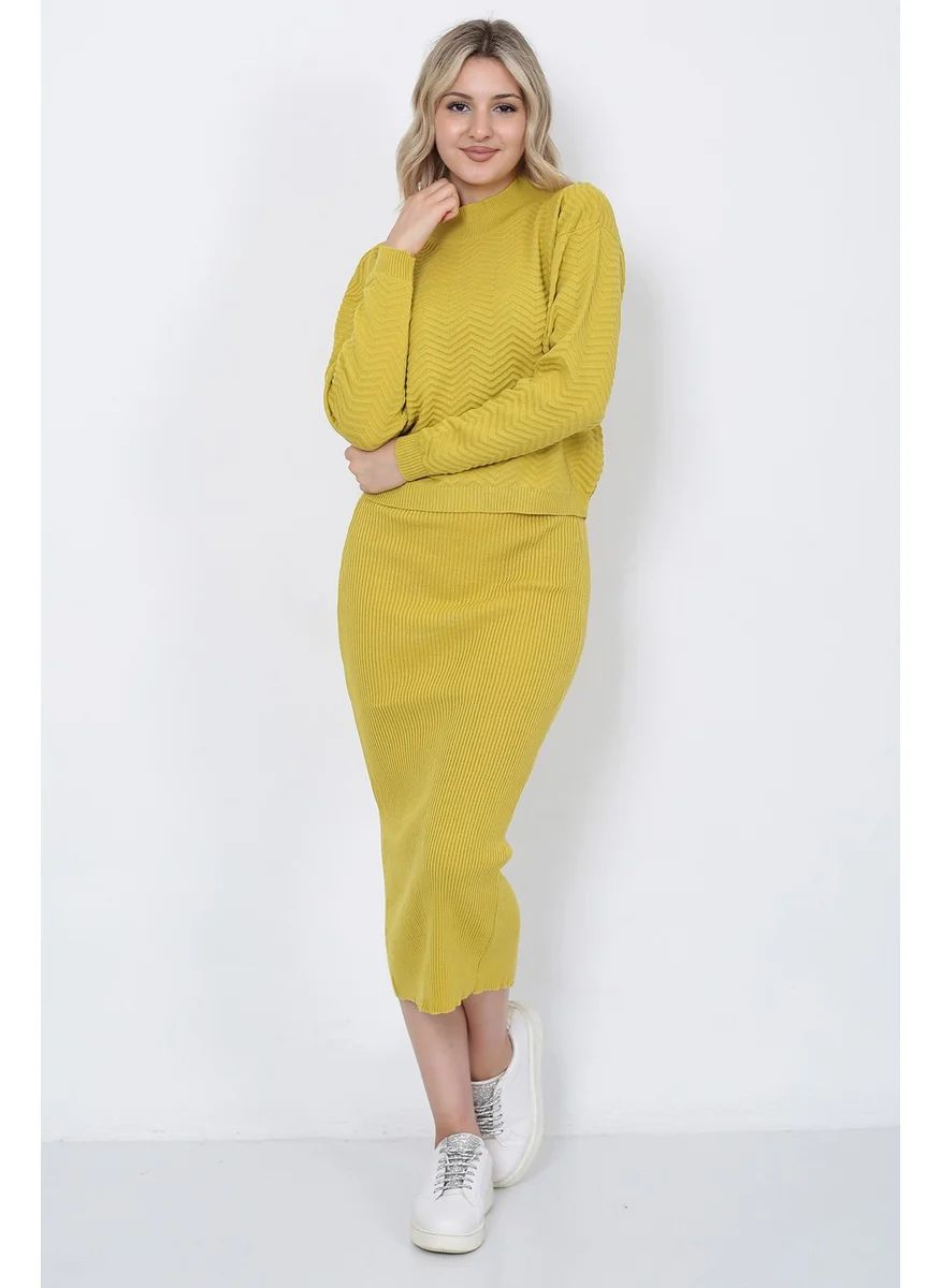 Lugmo Women's Knitwear Zigzag Striped Sweater and Skirt Set Oversize Mustard