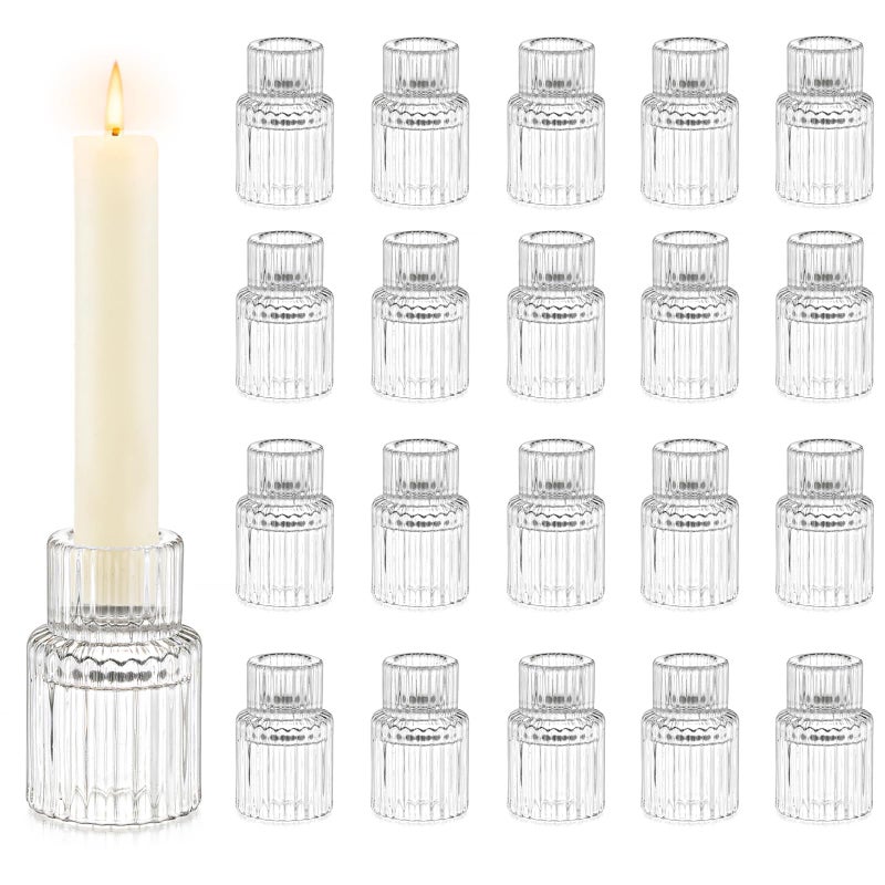 Candle Holder Glass Candlestick Holders Hewory 20PCS Clear Taper Candle Holders Bulk for Table Centerpiece Glass Candle Holder Candle Stick Holder Decor for Christmas Wedding Party Bridal Showers