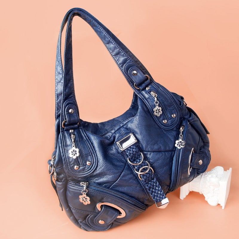 Women's Large PU Leather Tote Bag with Zipper (Light Brown/Black/Blue) - Image 3