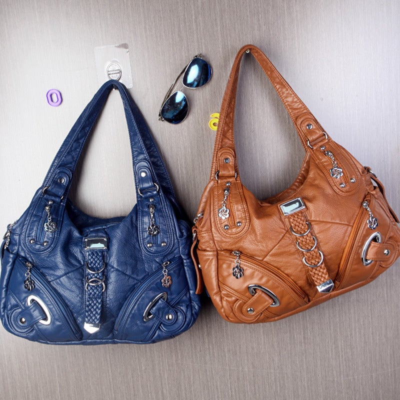 Women's Large PU Leather Tote Bag with Zipper (Light Brown/Black/Blue) - Image 2