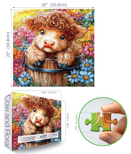 MINIWAN Highland Cow 500 Piece Puzzles for Adults Cute Cow Flower Animal Jigsaw Puzzles 500 Pieces Difficult Unique Family Challenging Puzzle 20x20 - Image 5