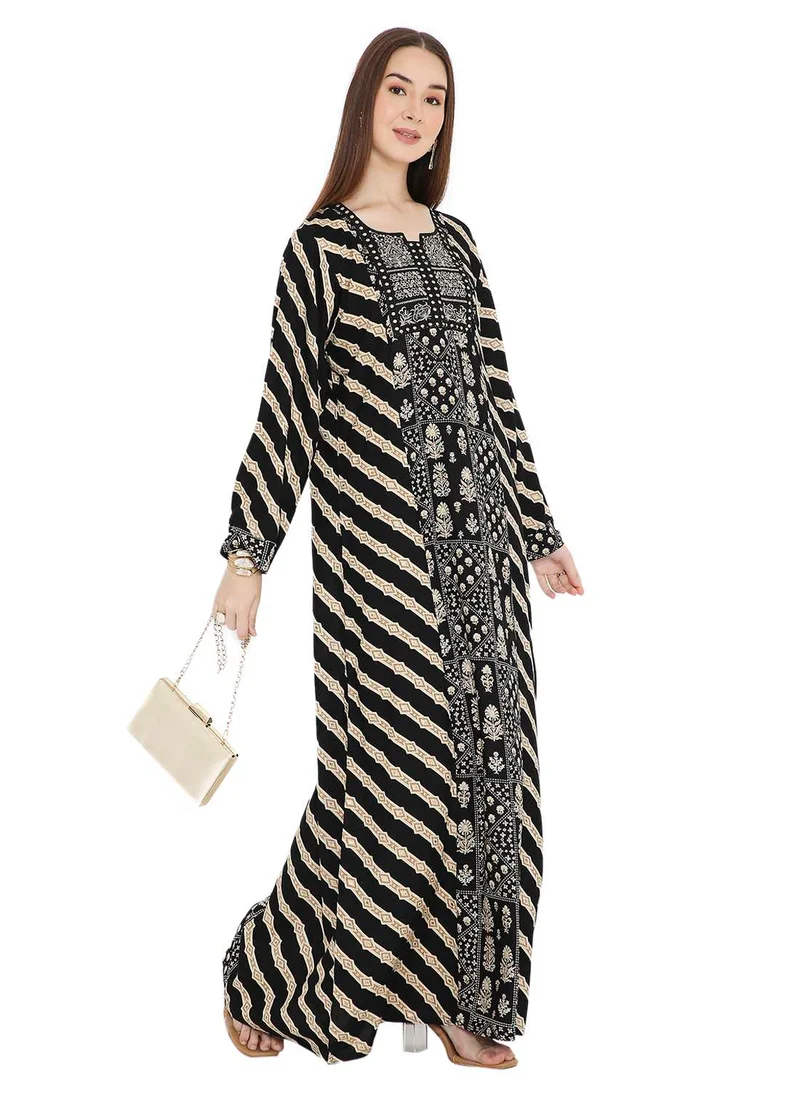 هانا آند سارا UNIQUE STYLE PRINTED WITH THREAD EMBROIDERY LONG VISCOSE ARABIC KAFTAN JALABIYA DRESSES