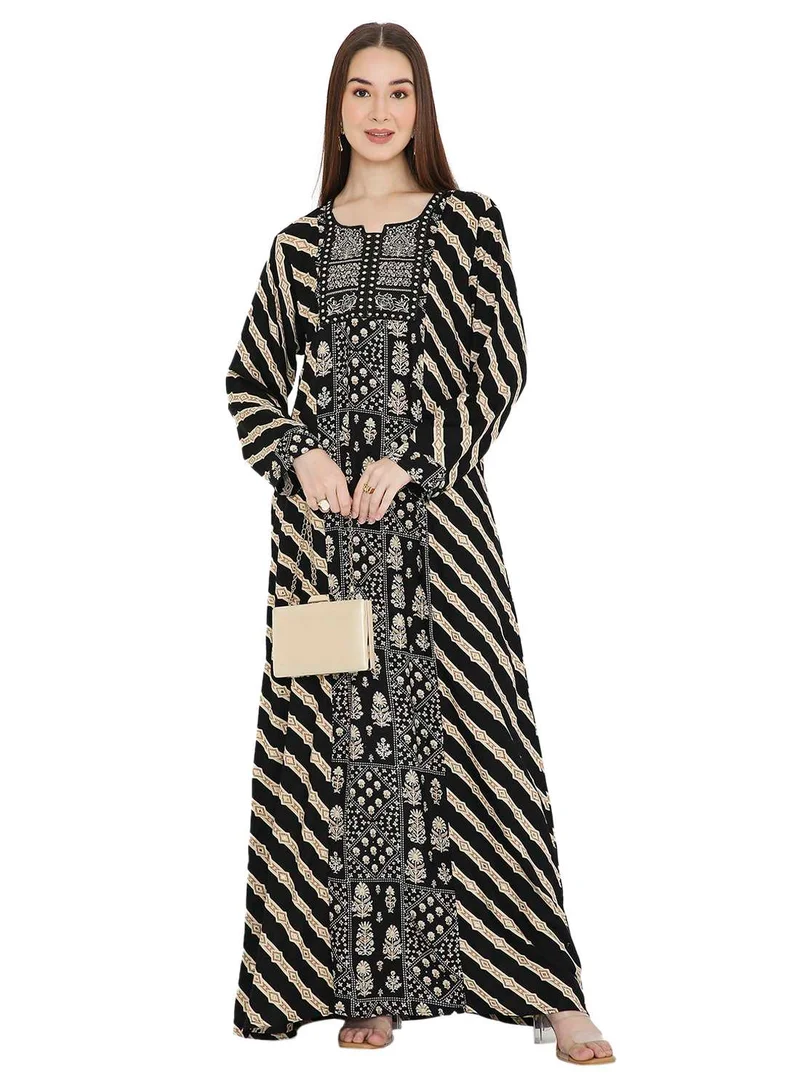 HANA & SARA UNIQUE STYLE PRINTED WITH THREAD EMBROIDERY LONG VISCOSE ARABIC KAFTAN JALABIYA DRESSES