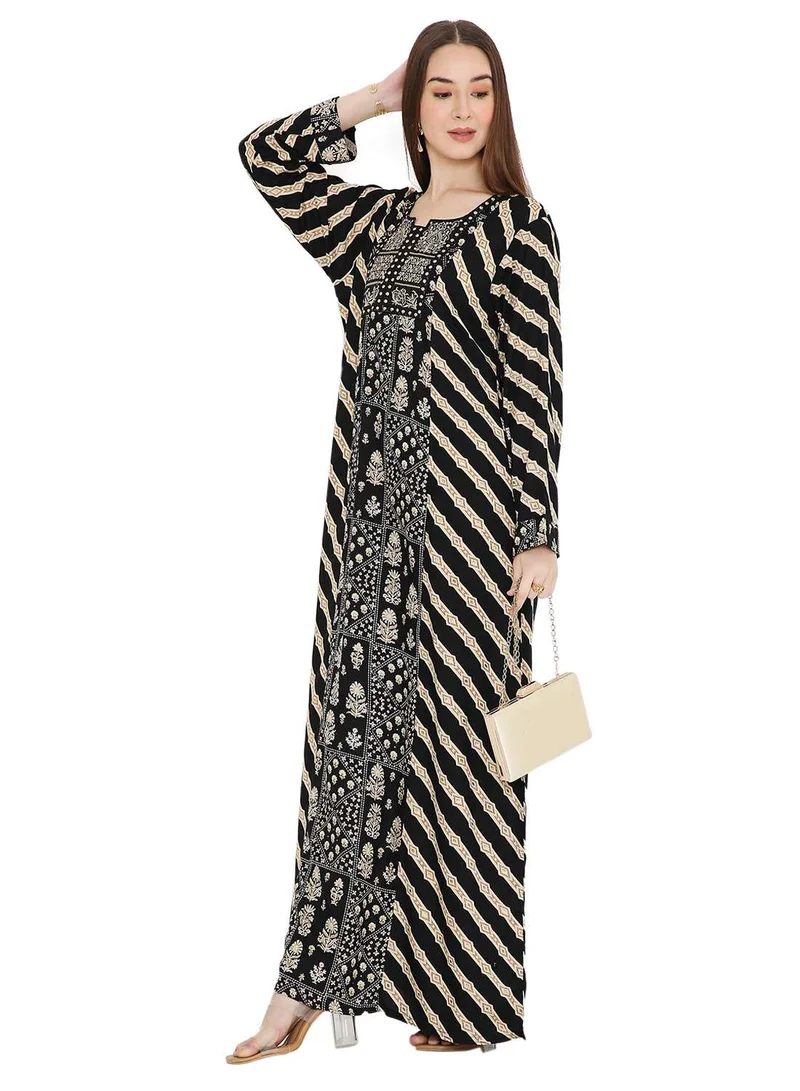 HANA & SARA UNIQUE STYLE PRINTED WITH THREAD EMBROIDERY LONG VISCOSE ARABIC KAFTAN JALABIYA DRESSES