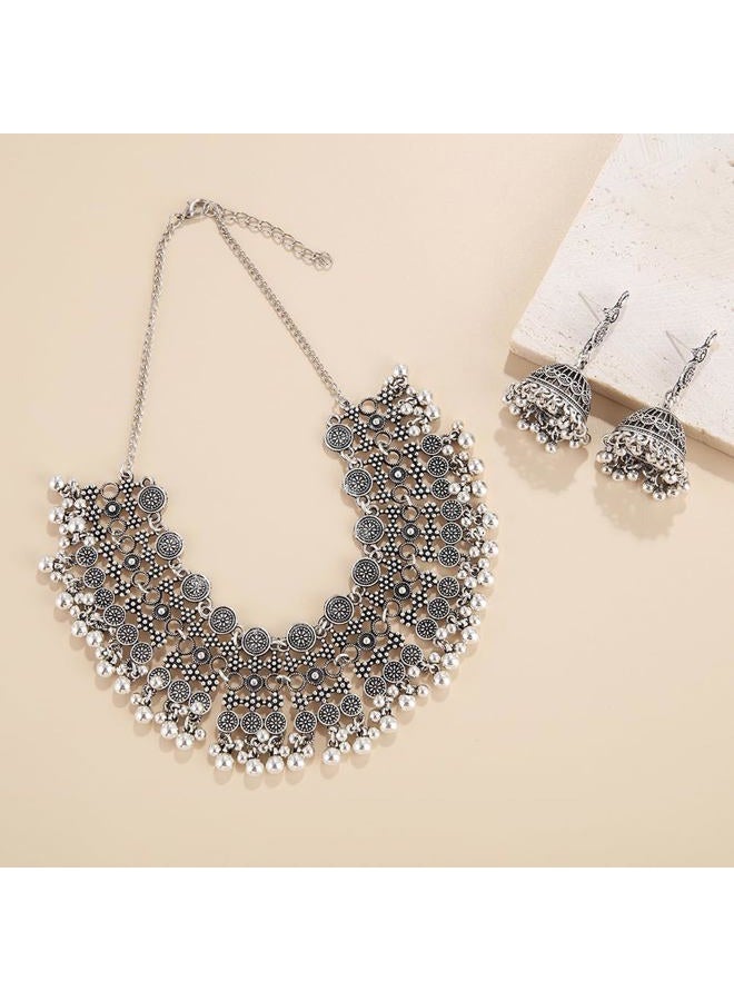 OIDIMS Indian Bollywood Traditional Jhumka Jewellery Set for Women Large Big Tassel Beaded Kundan Ethnic Wedding Wear Party Festival Choker Necklace Earrings Maang Tikka Traditional Antique Jewelry (Silver) - Image 3