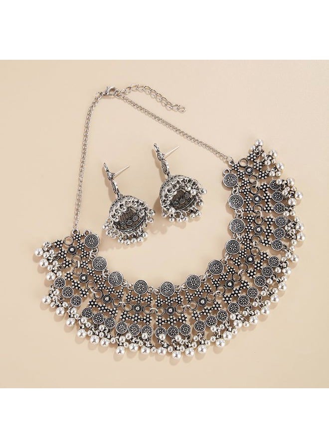 OIDIMS Indian Bollywood Traditional Jhumka Jewellery Set for Women Large Big Tassel Beaded Kundan Ethnic Wedding Wear Party Festival Choker Necklace Earrings Maang Tikka Traditional Antique Jewelry (Silver) - Image 4