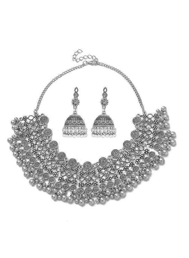 OIDIMS Indian Bollywood Traditional Jhumka Jewellery Set for Women Large Big Tassel Beaded Kundan Ethnic Wedding Wear Party Festival Choker Necklace Earrings Maang Tikka Traditional Antique Jewelry (Silver) - Image 1